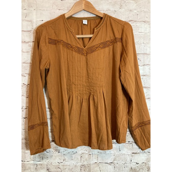 Old Navy Peasant Top Womens Medium Dark Gold Crochet Trim Pleated Front Boho - Picture 1 of 13